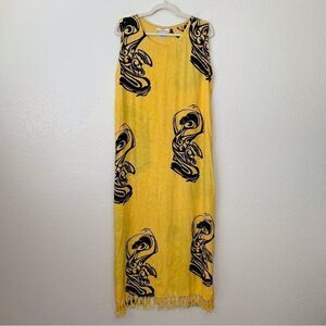 Shermarke Boho Fringe Yellow Sleeveless Maxi Dress, Size XL